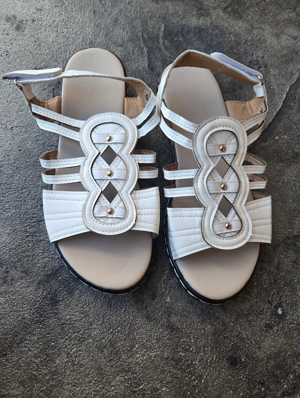Women’s Strappy Sandals in White, Black, and Metallic Taupe - Picture 2 of 7